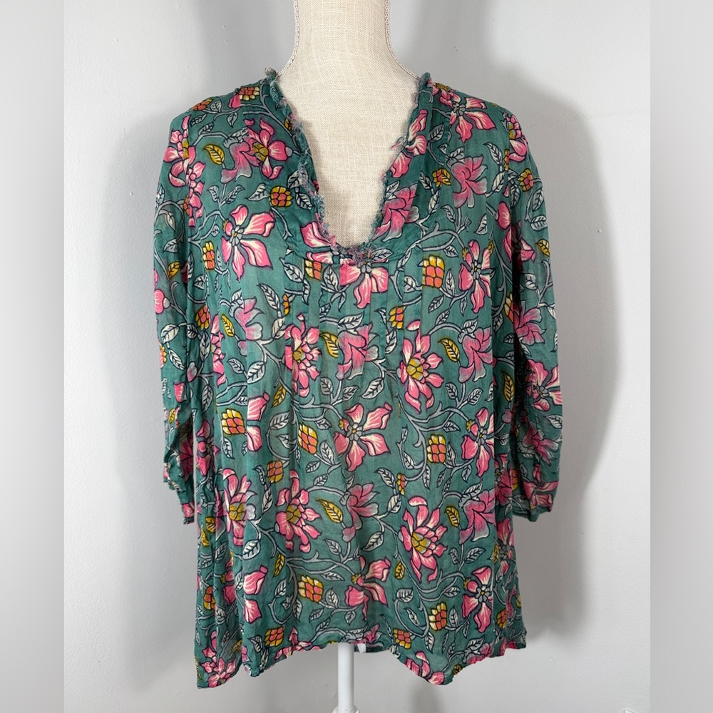 Natural Life Teal Colorful Floral Cotton Boho Summer Tunic Top - Picture 3 of 7
